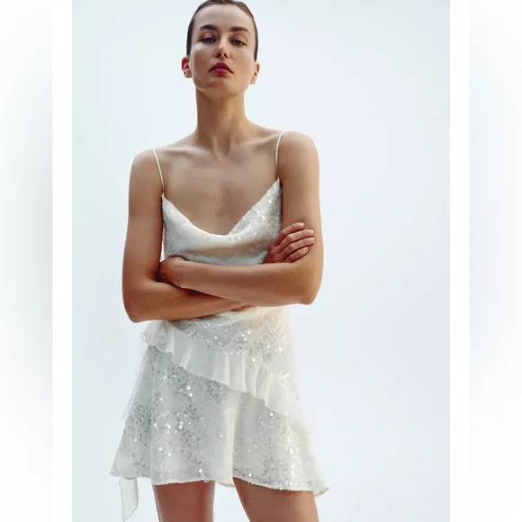 Zara | Dresses | Zara White Sequin Ruffle Mini Dress | Poshmark